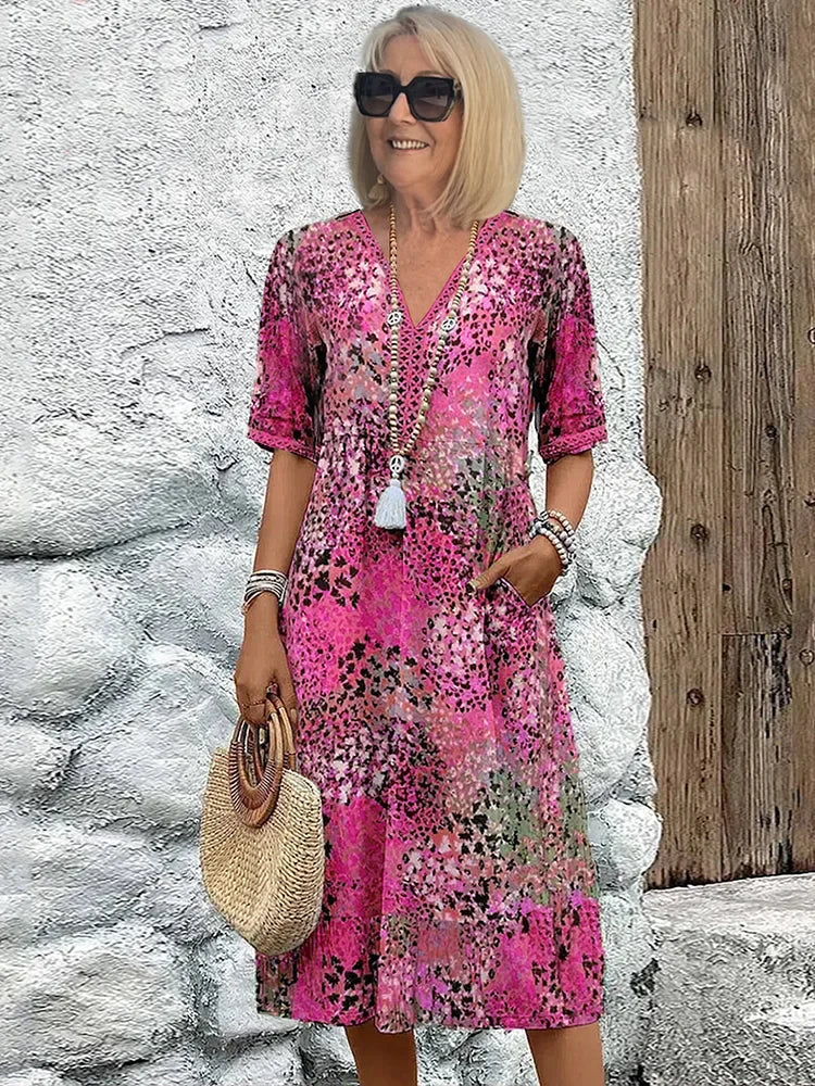 Women's Lightweight Midi Dress with V-Neck Design for Summer