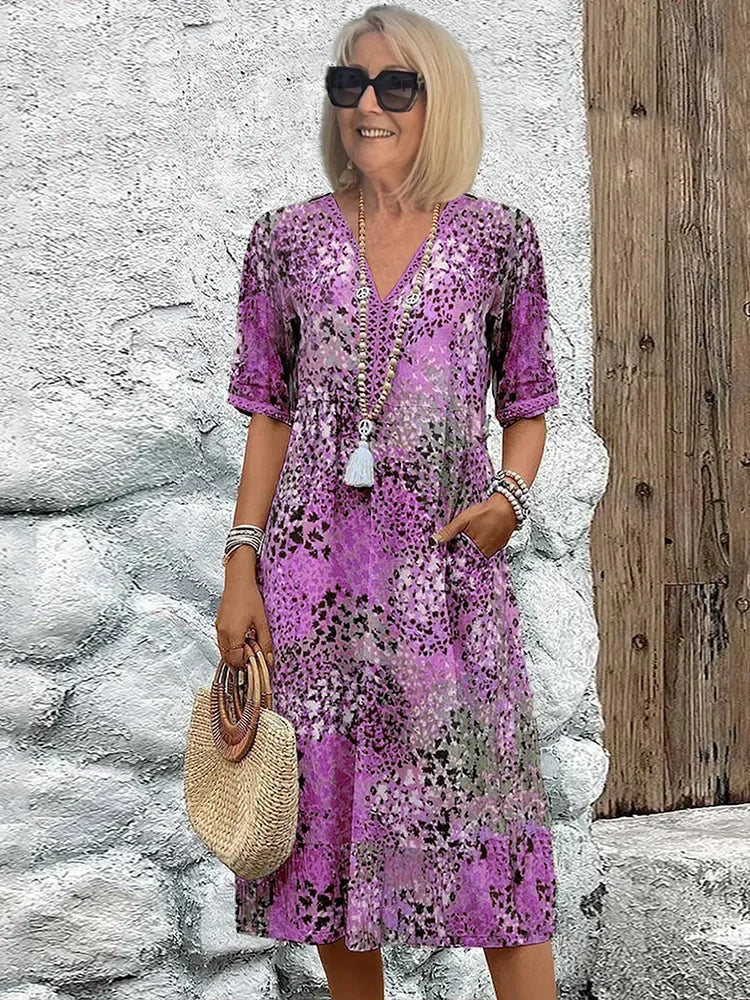 Women's Lightweight Midi Dress with V-Neck Design for Summer