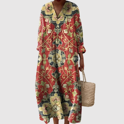 Women's Long Sleeve Dress with Tapestry Print and V-Neckline