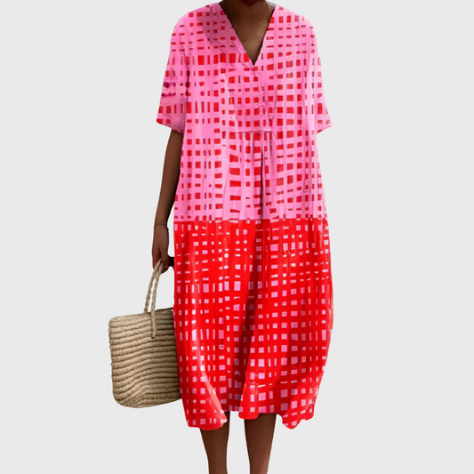 Women's Loose-Fit Midi Dress with Abstract Grid Print