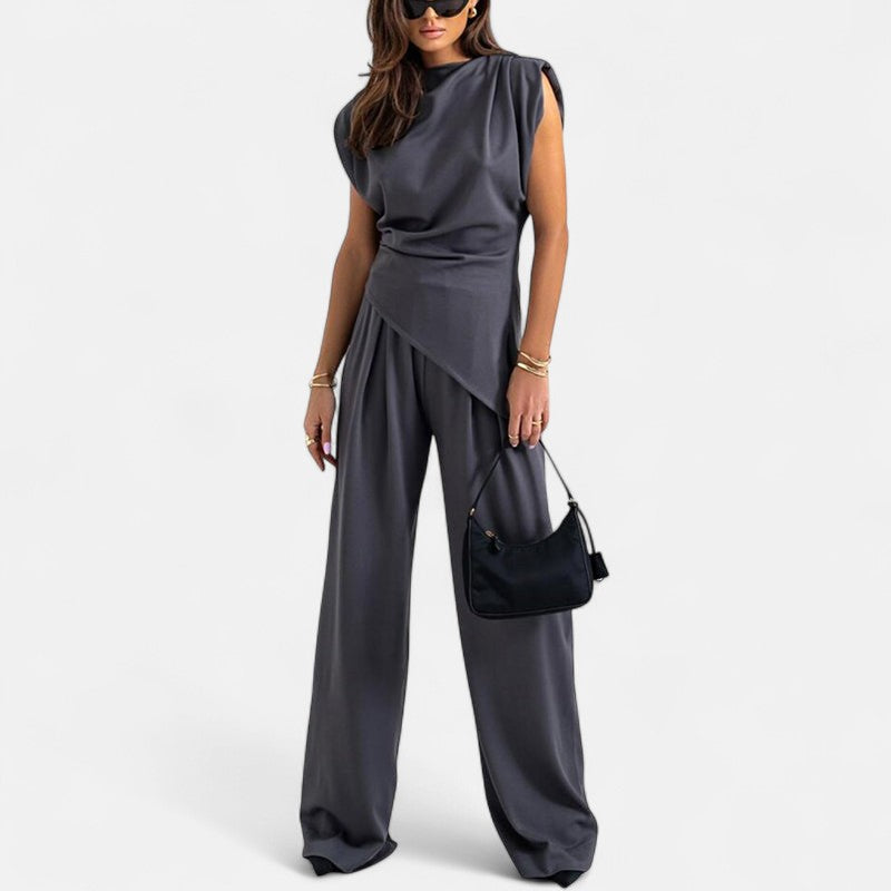 Women's Loungewear Set with Asymmetrical Top and High Waist Pants