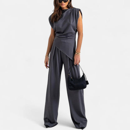 Women's Loungewear Set with Asymmetrical Top and High Waist Pants