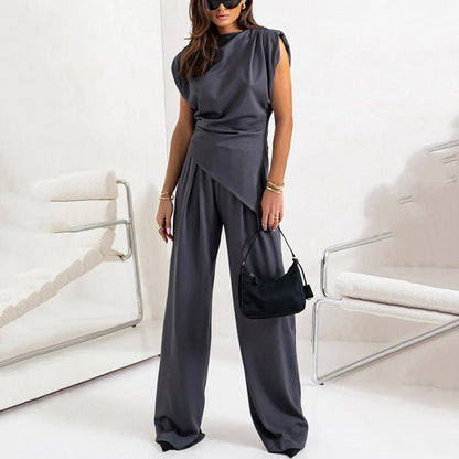 Women's Loungewear Set with Asymmetrical Top and High Waist Pants