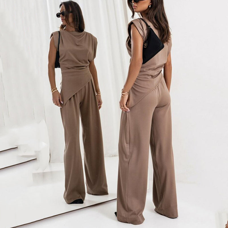 Women's Loungewear Set with Asymmetrical Top and High Waist Pants