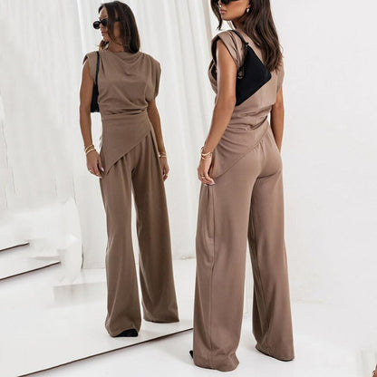 Women's Loungewear Set with Asymmetrical Top and High Waist Pants