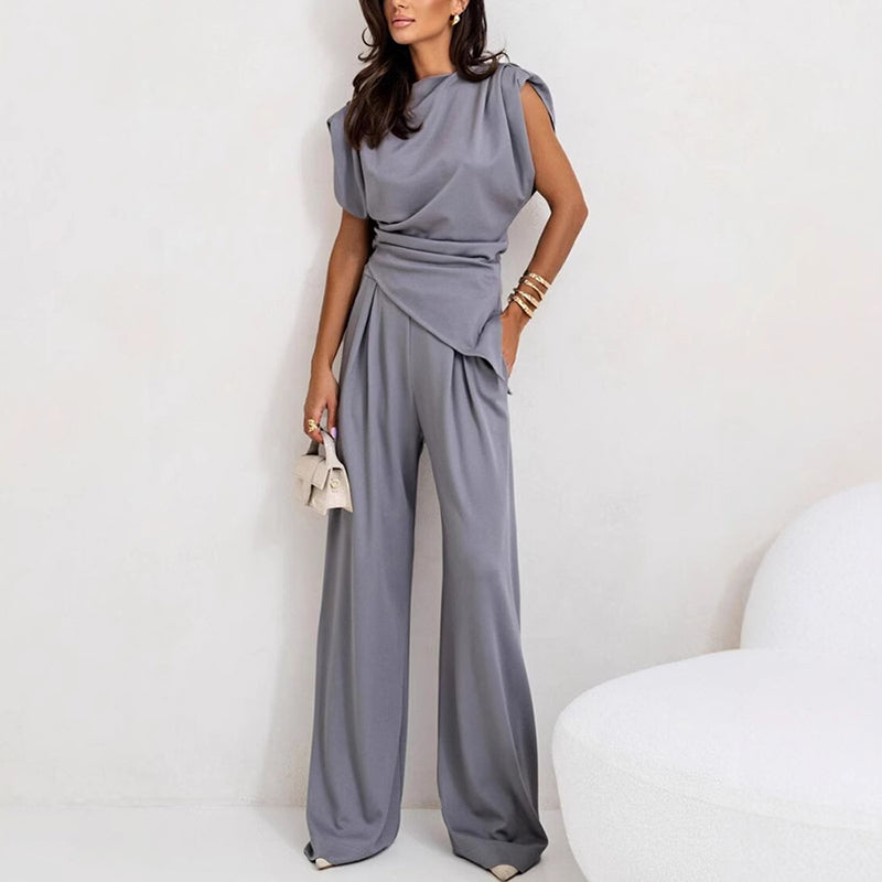 Women's Loungewear Set with Asymmetrical Top and High Waist Pants