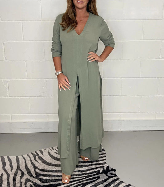 Women's Loungewear Set with Wide-Leg Pants and Long Blouse