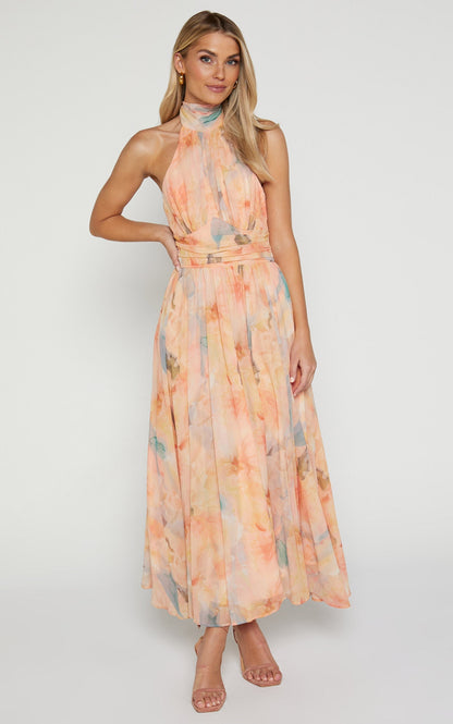 Women's Maxi Dress with Open-Shoulder Halter Design for Summer Occasions