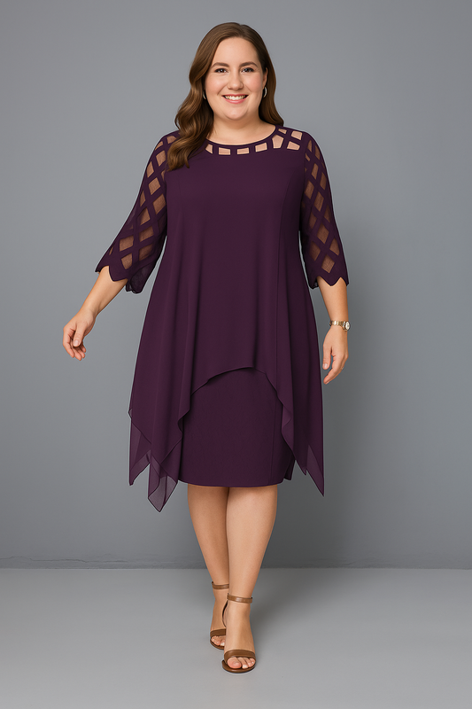 Women's Midi Chiffon Overlay Dress with Lace Sleeves for Summer and Cocktail Events