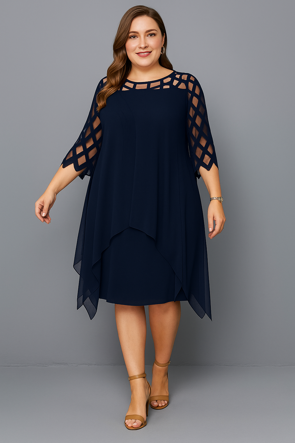 Women's Midi Chiffon Overlay Dress with Lace Sleeves for Summer and Cocktail Events