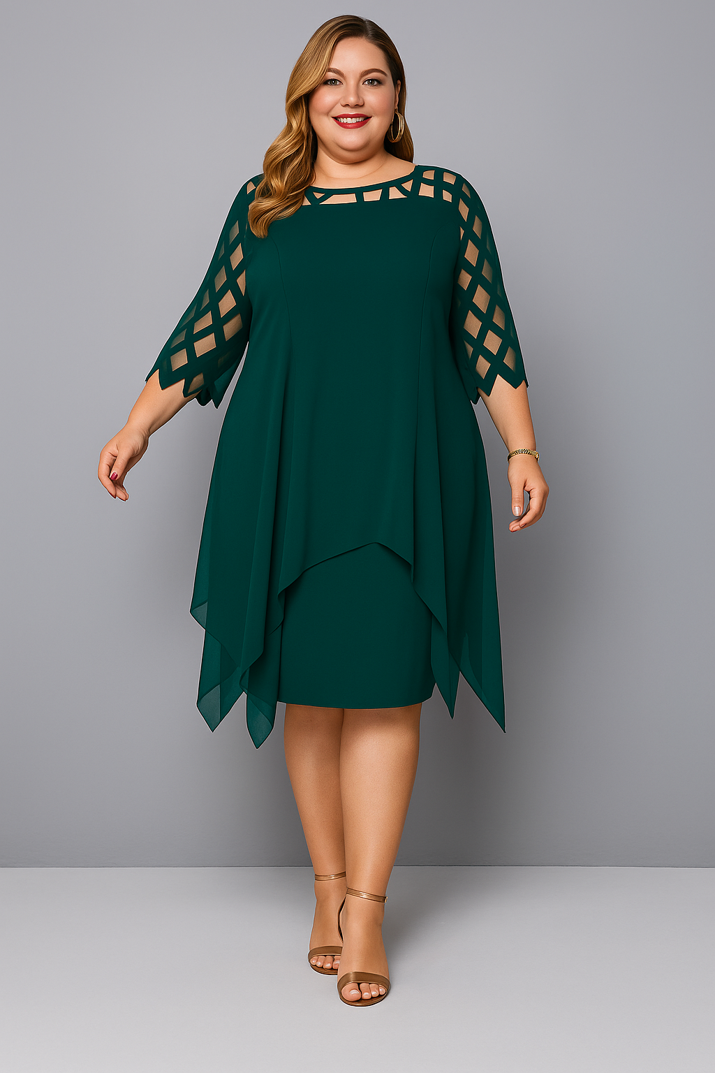 Women's Midi Chiffon Overlay Dress with Lace Sleeves for Summer and Cocktail Events