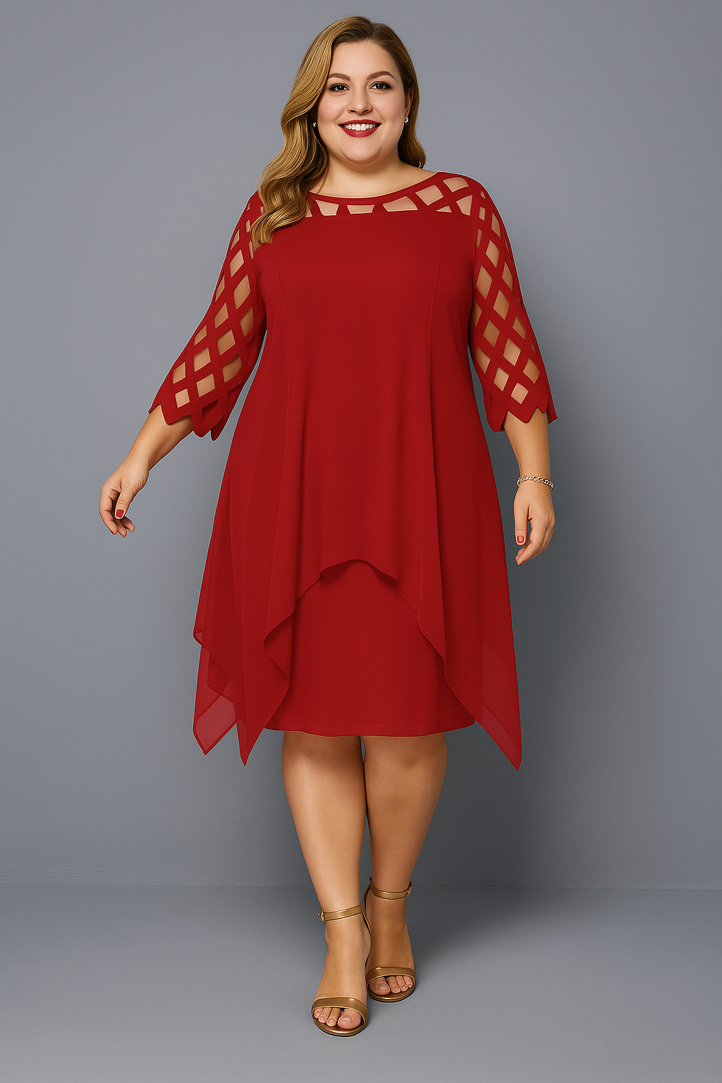 Women's Midi Chiffon Overlay Dress with Lace Sleeves for Summer and Cocktail Events