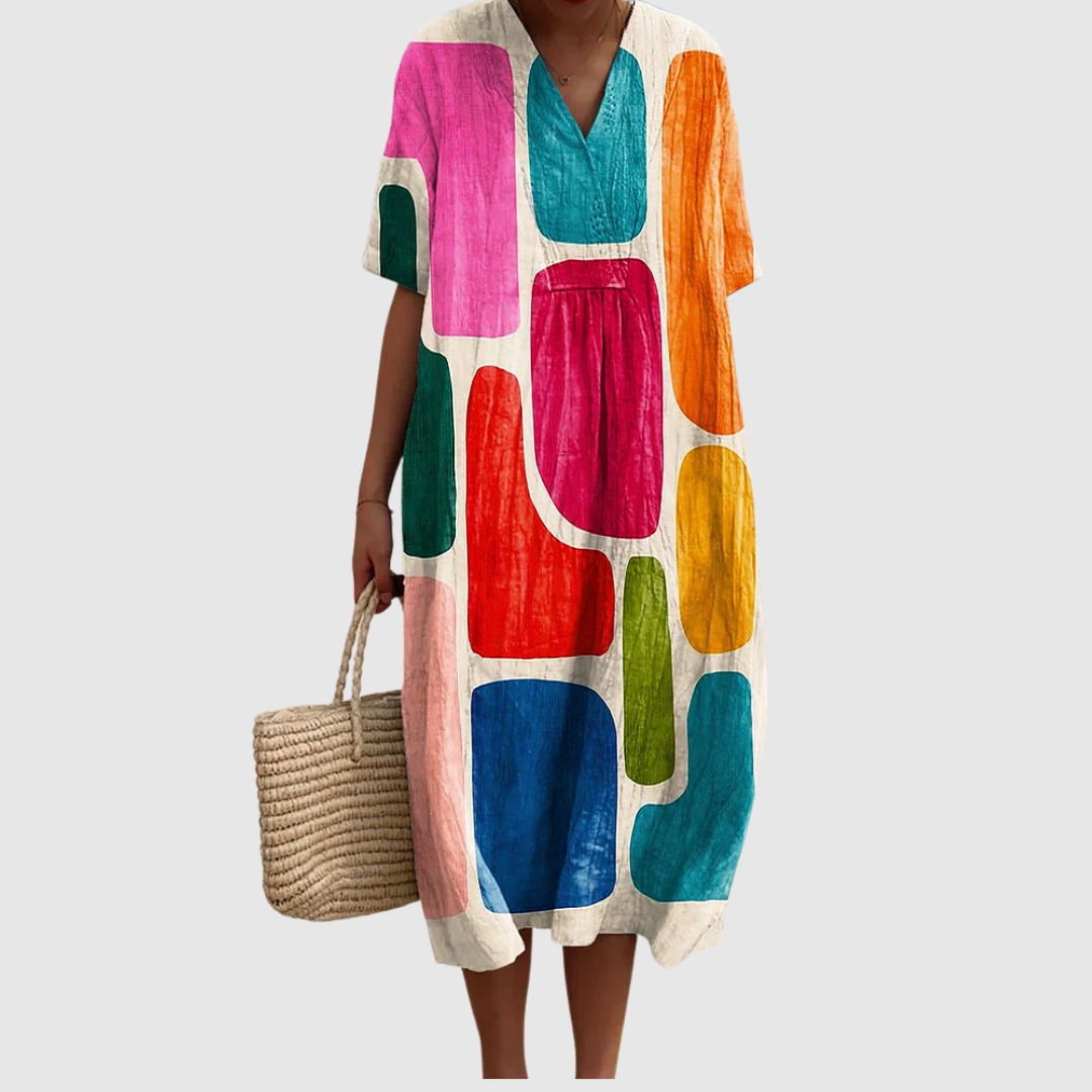 Women's Midi Dress with Abstract Colorblock Design for Summer Wear