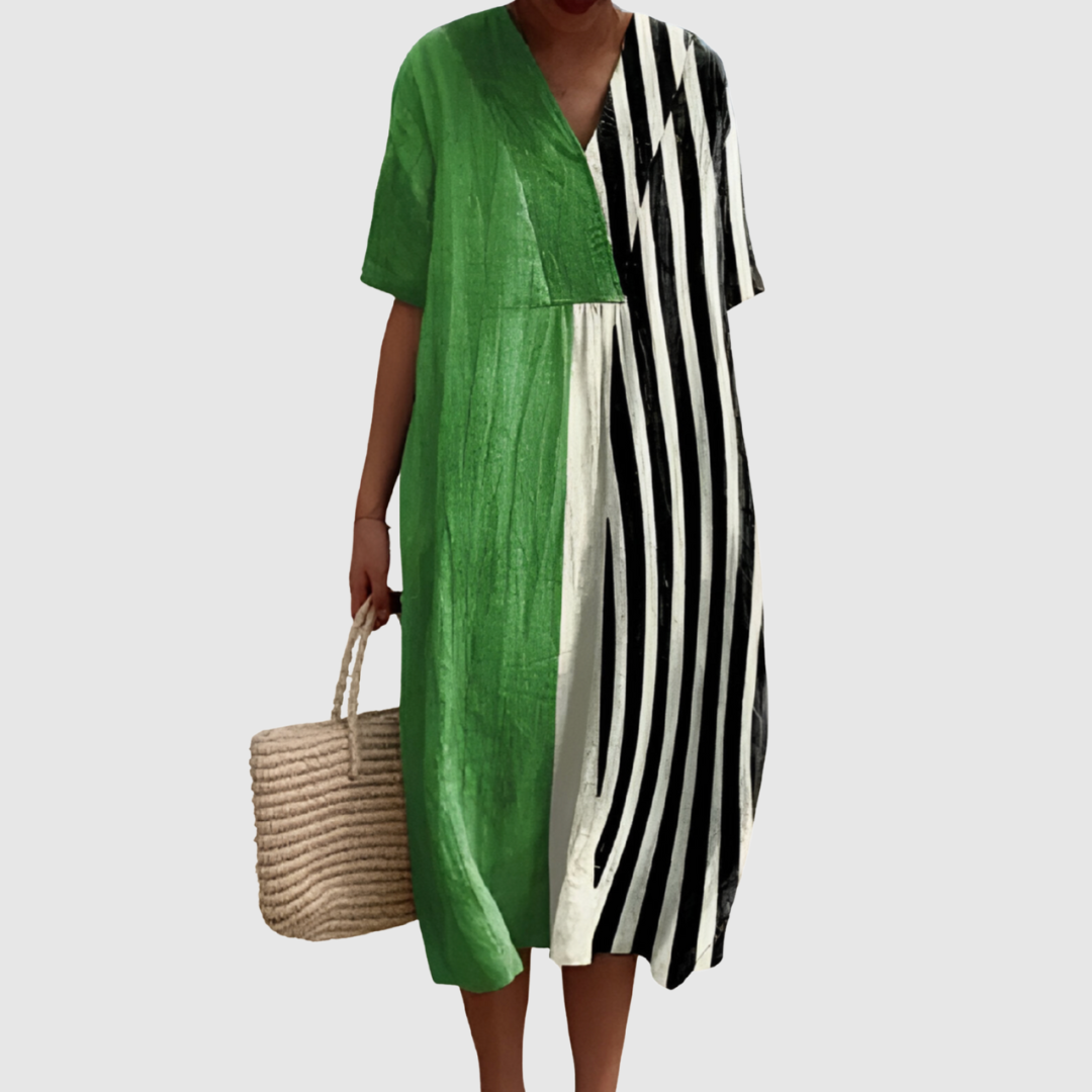 Women's Midi Dress with Two-Tone Stripe Design and V-Neckline