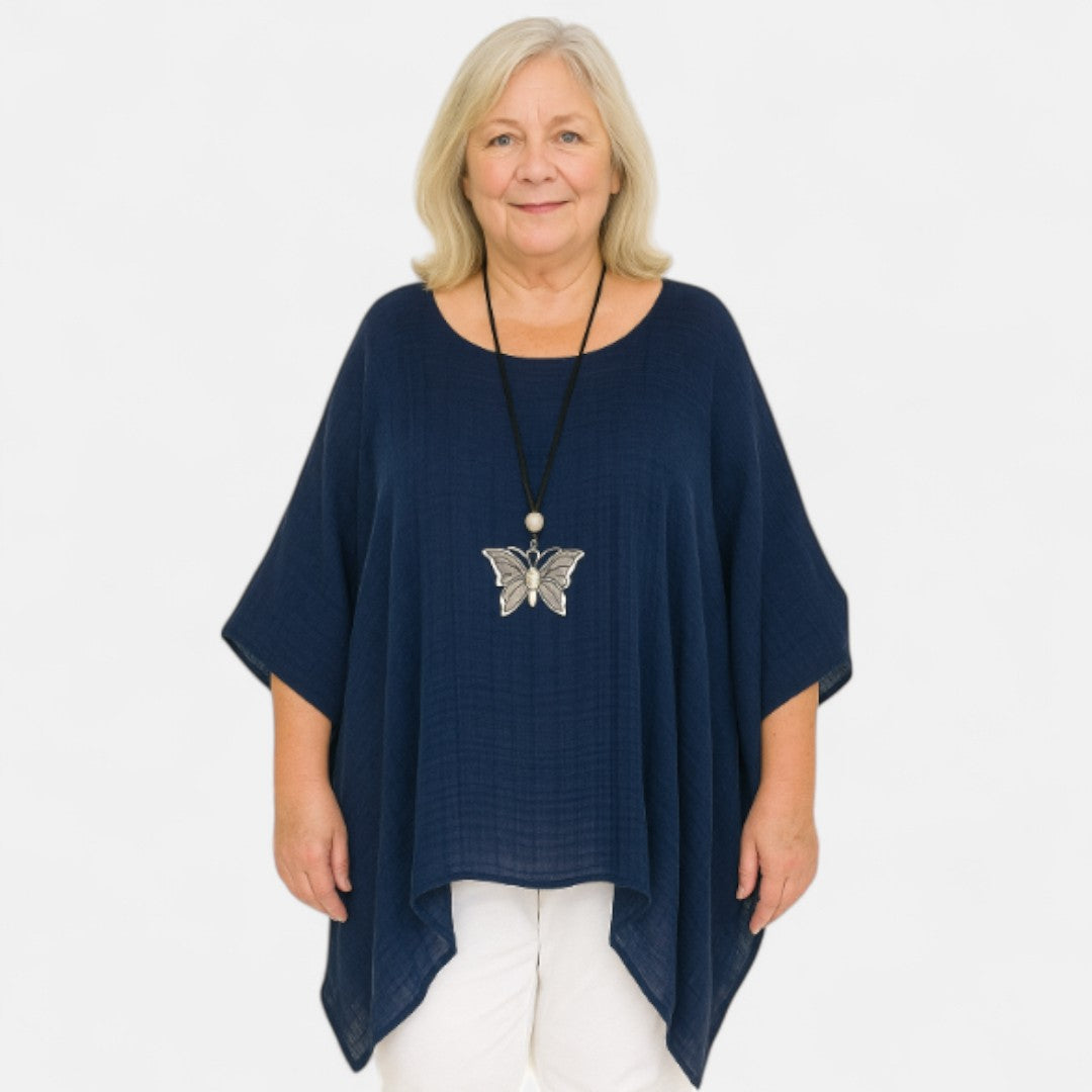 Women's Oversized Blouse with Asymmetrical Cut and ¾ Sleeves