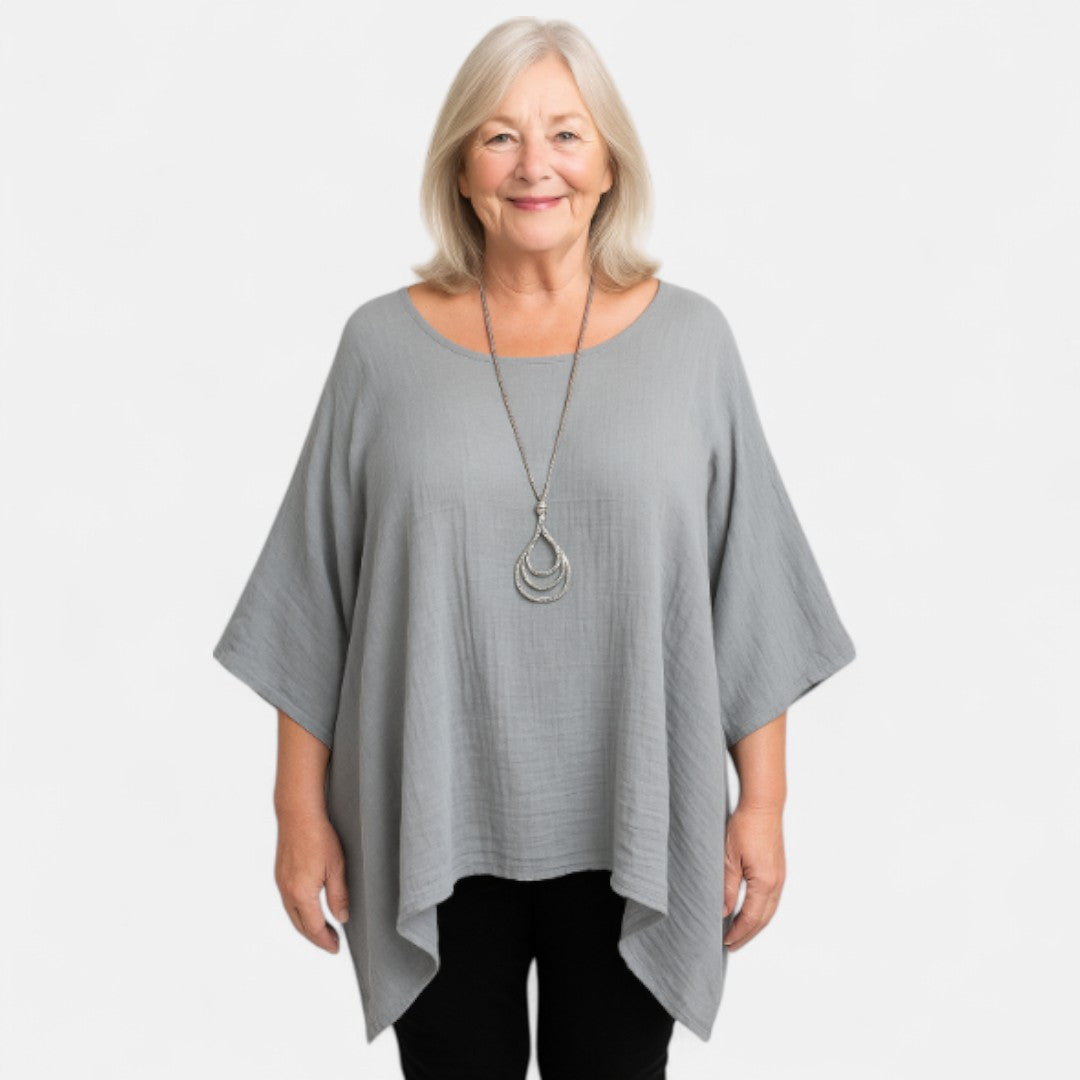 Women's Oversized Blouse with Asymmetrical Cut and ¾ Sleeves