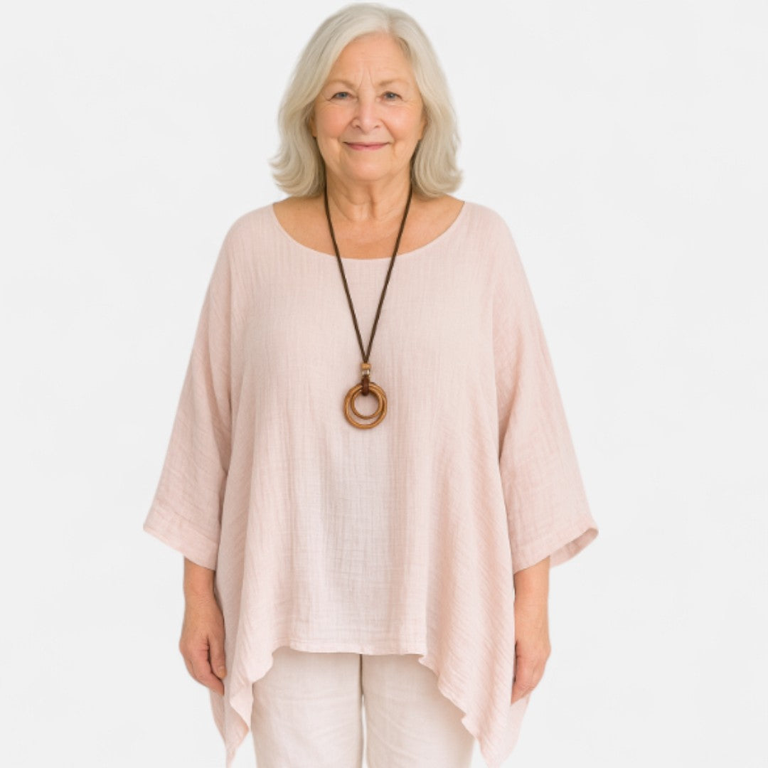 Women's Oversized Blouse with Asymmetrical Cut and ¾ Sleeves