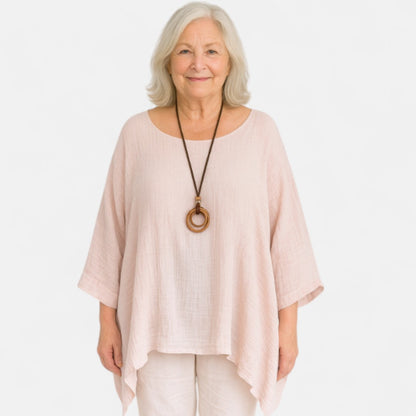 Women's Oversized Blouse with Asymmetrical Cut and ¾ Sleeves