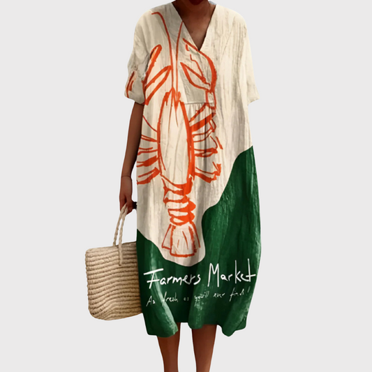 Women's Playful Midi Dress with Lobster Illustration