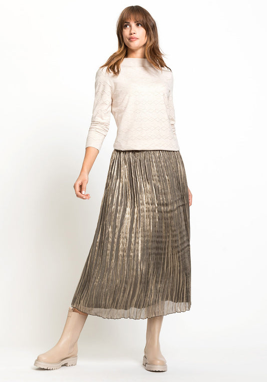 Women's Pleated Midi Skirt with Pull-On Waistband and Unique Crinkle Design