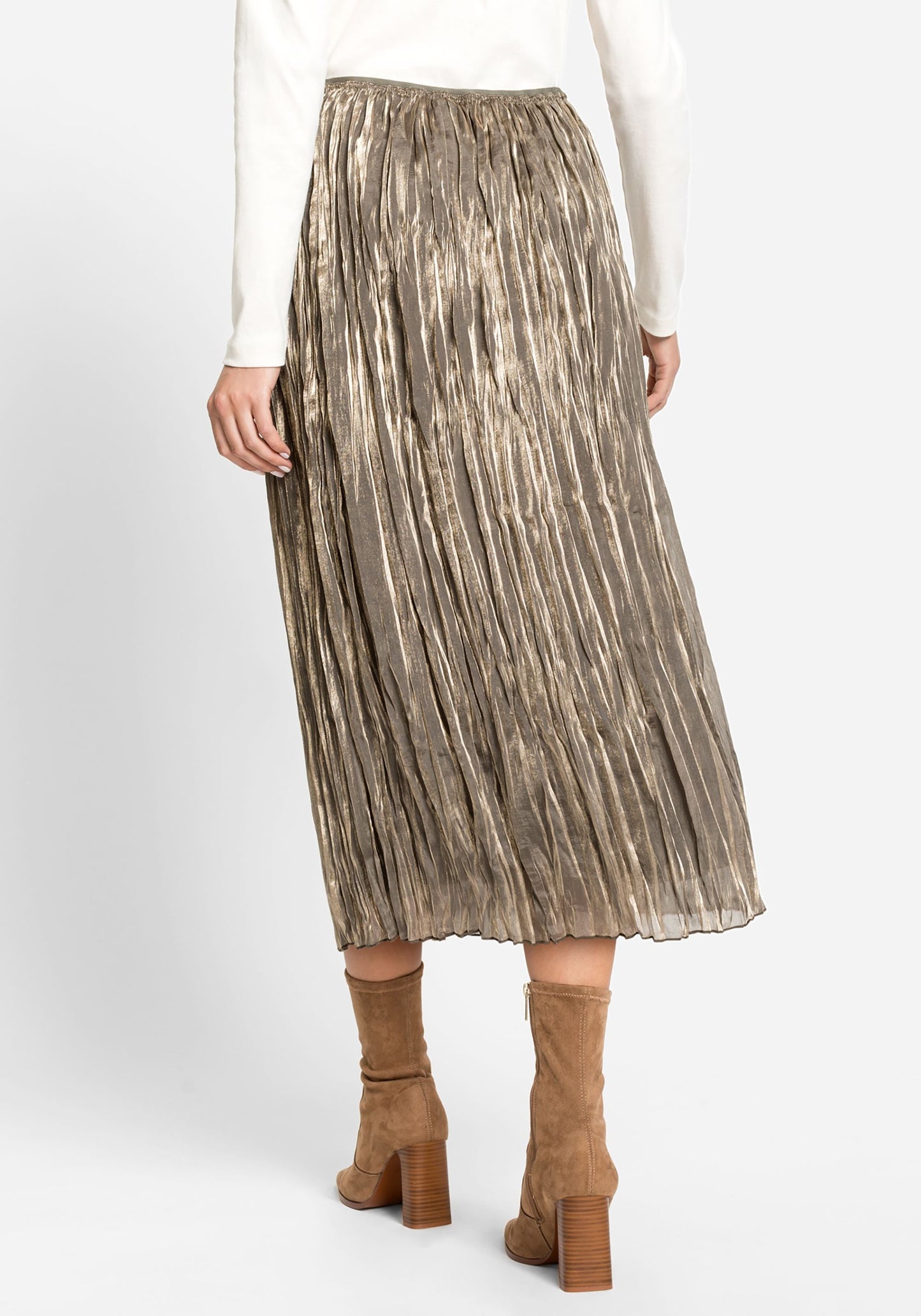 Women's Pleated Midi Skirt with Pull-On Waistband and Unique Crinkle Design