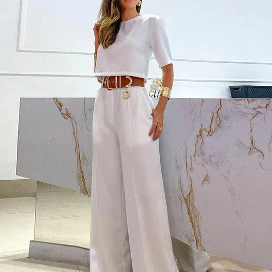 Women's Plus Size Two-Piece Top and Pants Set with Round Neck and Elastic Waistband