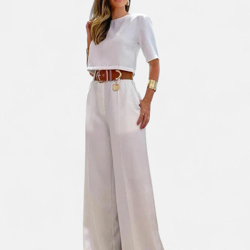 Women's Plus Size Two-Piece Top and Pants Set with Round Neck and Elastic Waistband