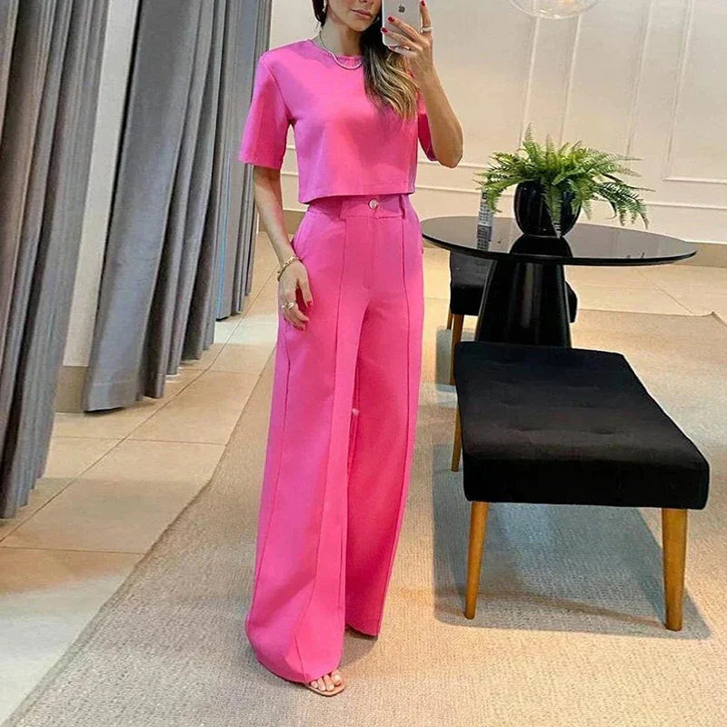 Women's Plus Size Two-Piece Top and Pants Set with Round Neck and Elastic Waistband