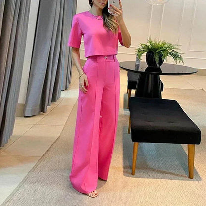 Women's Plus Size Two-Piece Top and Pants Set with Round Neck and Elastic Waistband