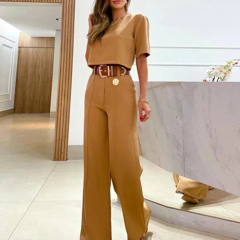 Women's Plus Size Two-Piece Top and Pants Set with Round Neck and Elastic Waistband