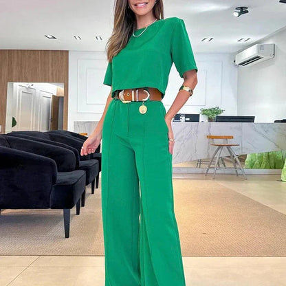 Women's Plus Size Two-Piece Top and Pants Set with Round Neck and Elastic Waistband