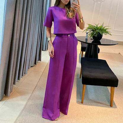 Women's Plus Size Two-Piece Top and Pants Set with Round Neck and Elastic Waistband