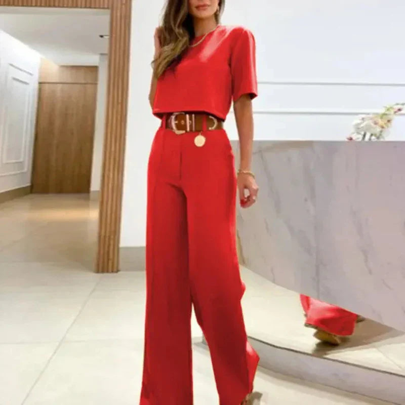 Women's Plus Size Two-Piece Top and Pants Set with Round Neck and Elastic Waistband