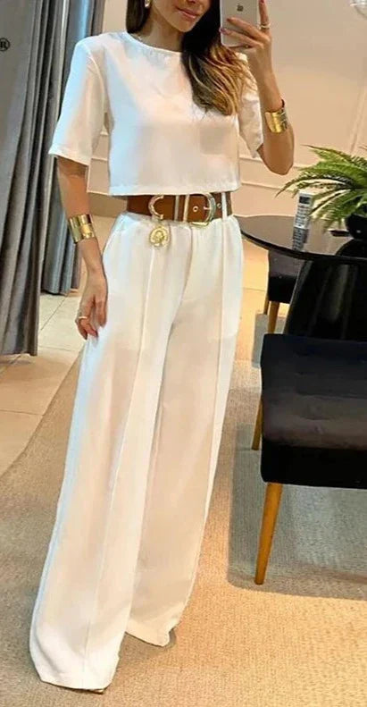 Women's Plus Size Two-Piece Top and Pants Set with Round Neck and Elastic Waistband