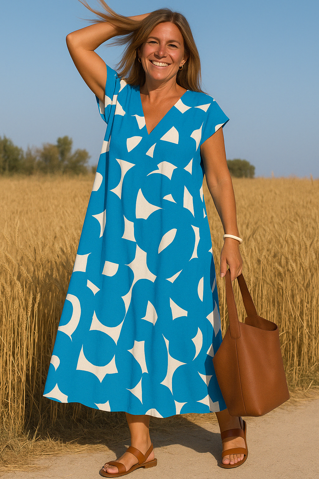 Women's Relaxed A-Line Midi Dress with V-Neckline and Cap Sleeves