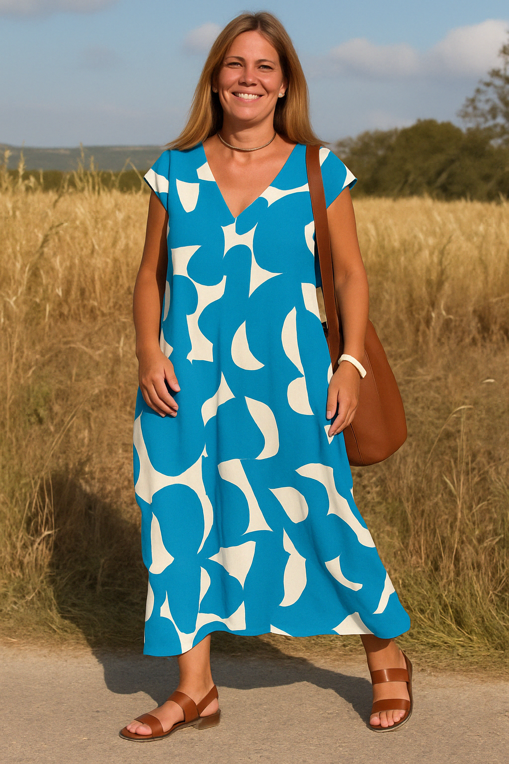 Women's Relaxed A-Line Midi Dress with V-Neckline and Cap Sleeves