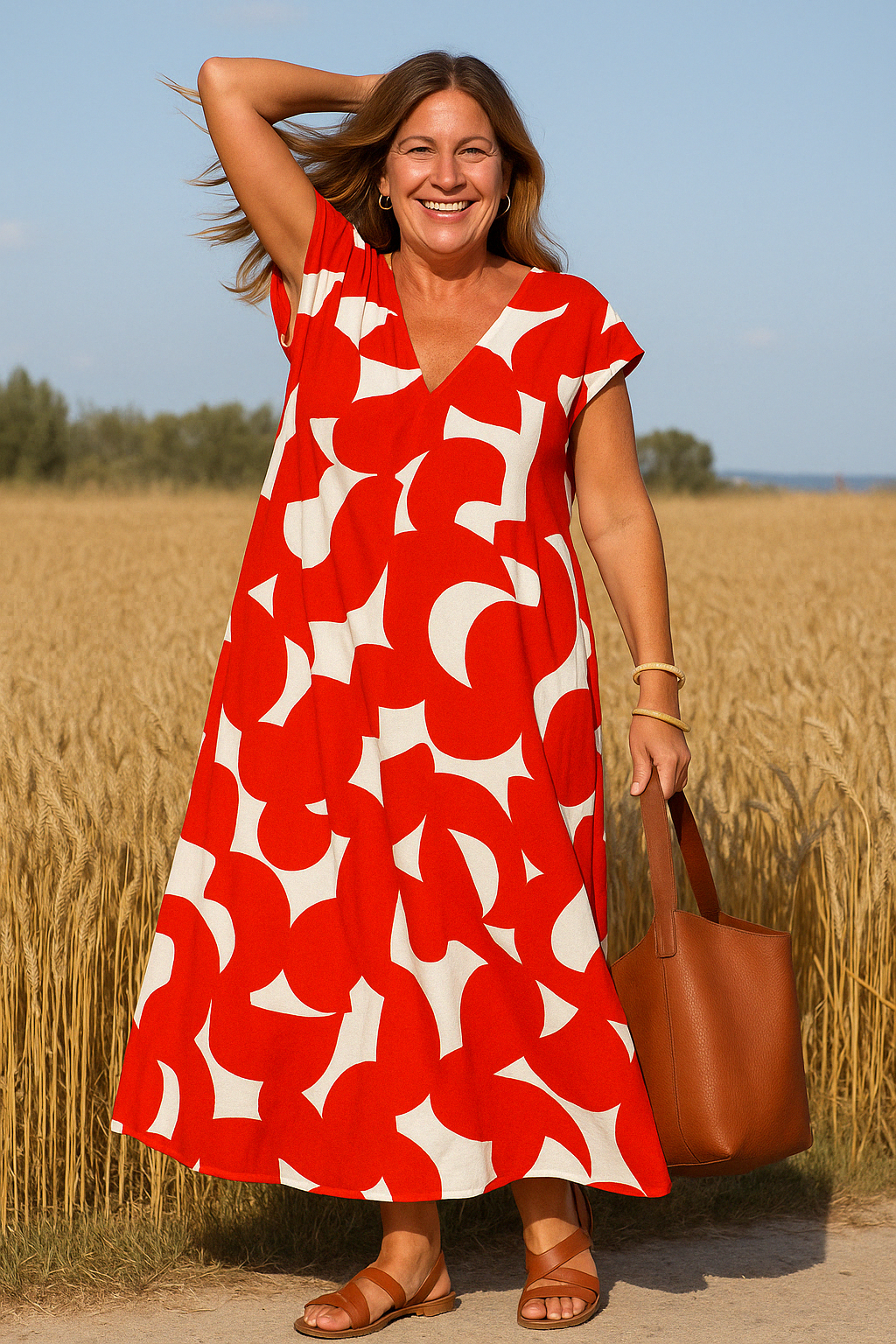 Women's Relaxed A-Line Midi Dress with V-Neckline and Cap Sleeves