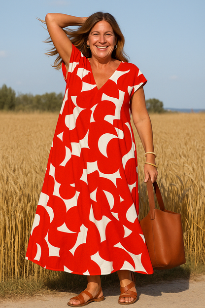 Women's Relaxed A-Line Midi Dress with V-Neckline and Cap Sleeves
