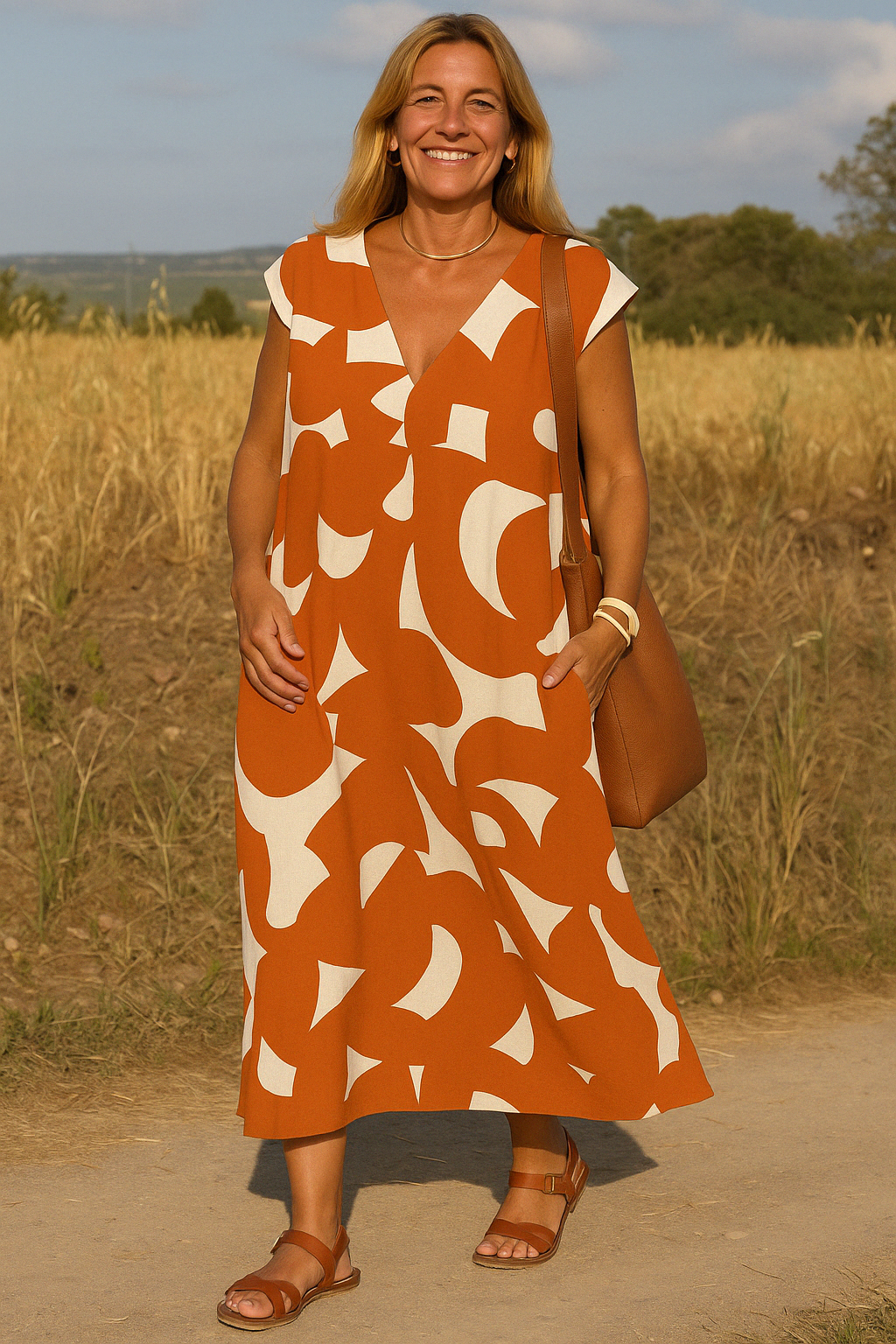 Women's Relaxed A-Line Midi Dress with V-Neckline and Cap Sleeves