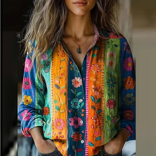 Women's Relaxed Bohemian Blouse with Artistic Prints for Summer