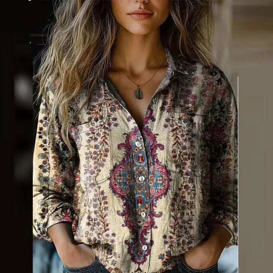 Women's Relaxed Bohemian Blouse with Artistic Prints for Summer