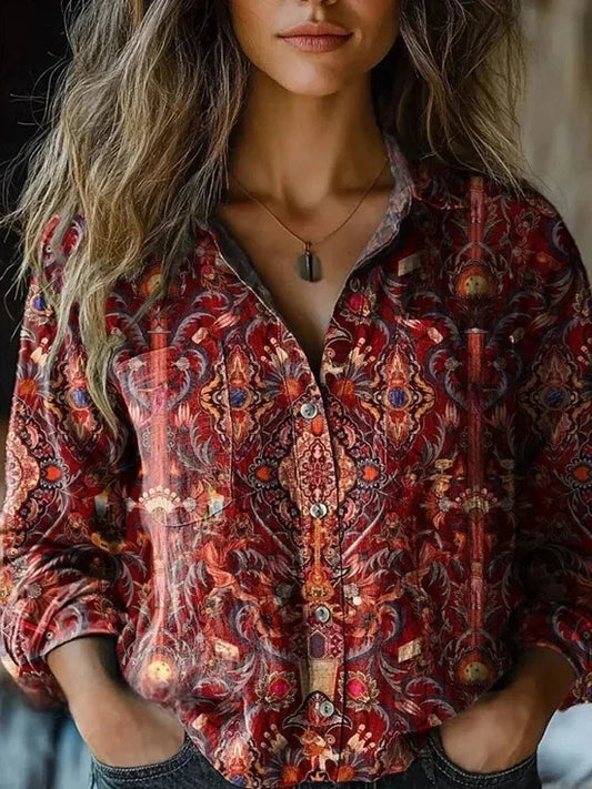 Women's Relaxed Bohemian Blouse with Artistic Prints for Summer