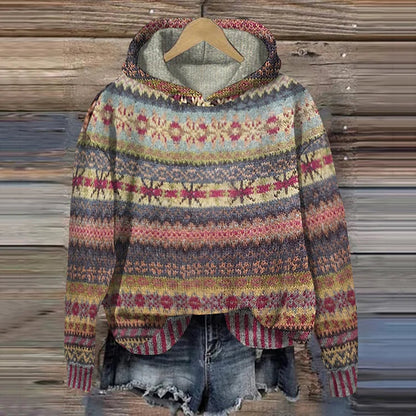 Women's Relaxed Ethnic Pattern Sweater with Intricate Motifs