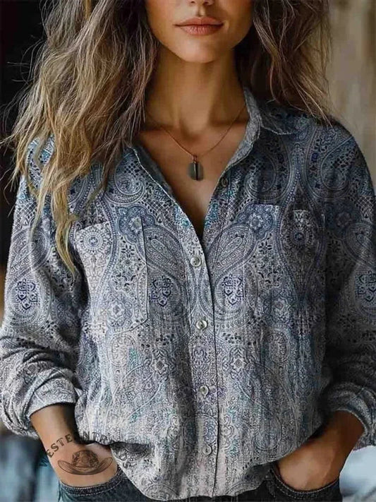 Women's Relaxed Fit Bohemian Blouse with Artistic Prints for Casual Summer Tops