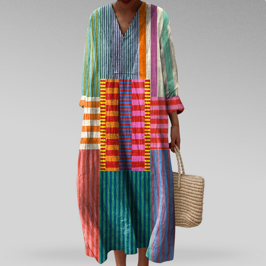 Women's Relaxed Fit Dress with Abstract Prints and Modest V-Neckline