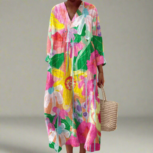 Women's Relaxed Fit Floral Dress with V-Neckline for Summer Events