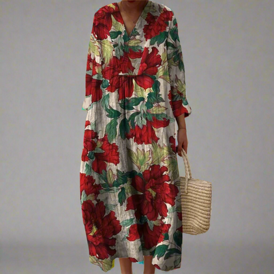 Women's Relaxed Fit Floral Summer Dress with V-Neckline