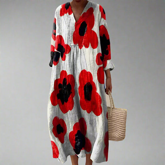 Women's Relaxed Fit Printed Summer Dress with Modest V-Neckline