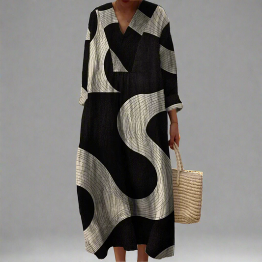 Women's Relaxed Fit Printed Summer Dress with V-Neckline
