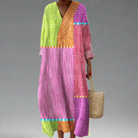 Women's Relaxed Fit Printed Summer Dress with V-Neckline